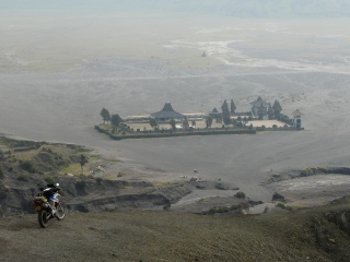 View of Pura Luhur Poten hindu temple from Mt. Bromo's crater.