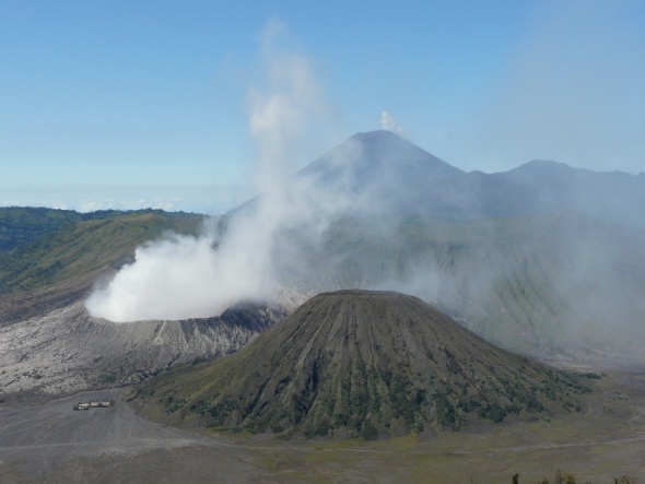 Bromo 2329mtrs, Mt. Semeru 3676mtrs, and Mt. Batok, now dormant, in the foreground.