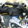 Signs of impact : right trottle end bent (rubber grip cut to allow trottle trust), right mirror broken away, broken right front signal , broken brake lever replaced with the spare I carry.