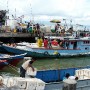 The agent Zul has just located a boat (in foreground, discharging its cargo of fresh live crab) whose owner and captain were willing to carry my bike on its return voyage to the Indonesian port of Tarakan.